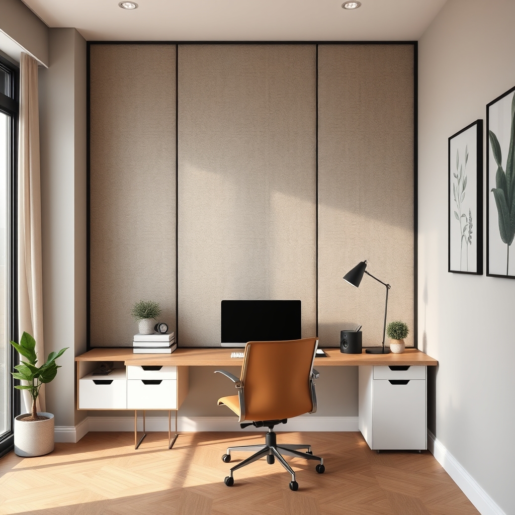 Visually appealing but acoustically ineffective thin acoustic panels in a stylish home studio setup.