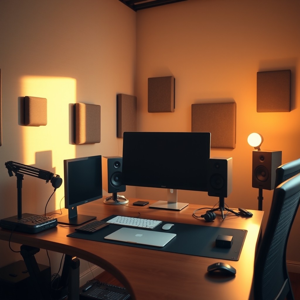 A holistic deep work setup with acoustic panels, a clean desk, and minimal distractions, highlighting environmental control