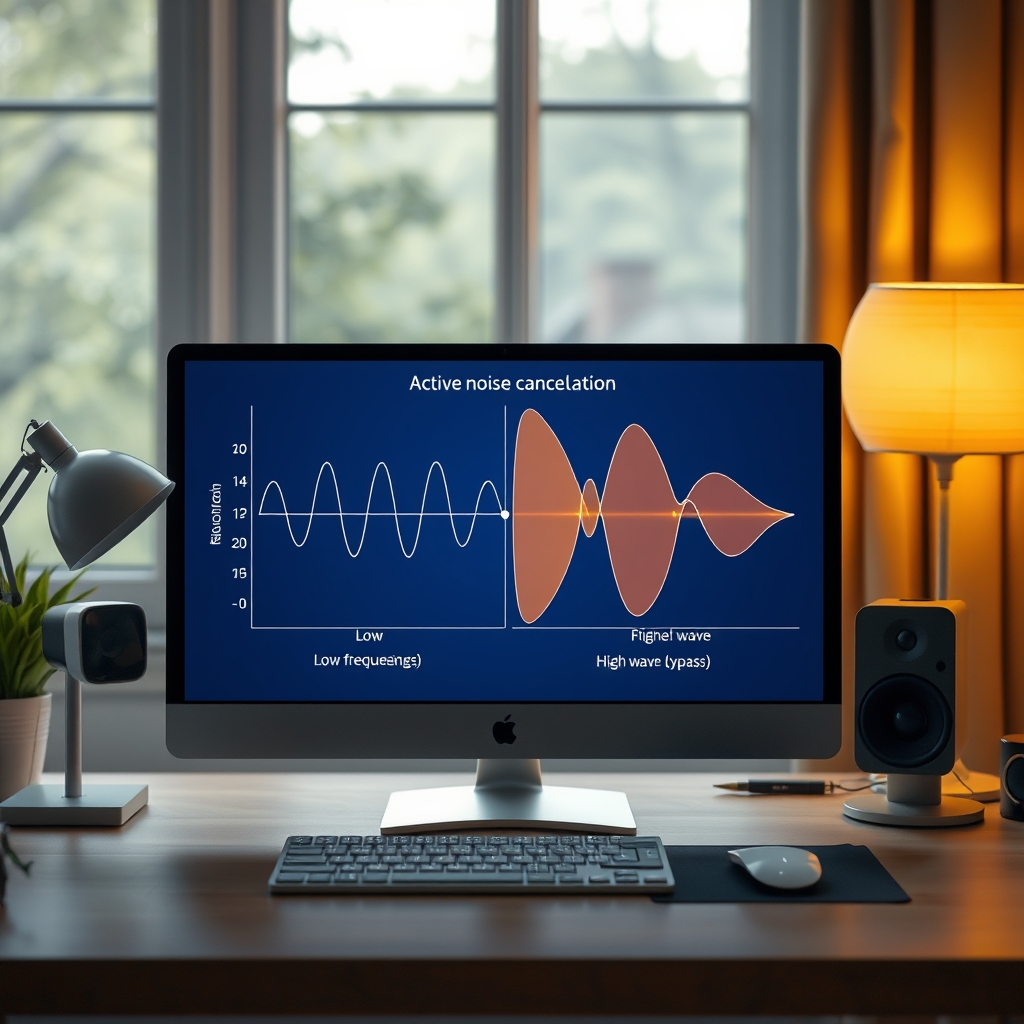 Diagram illustrating how ANC primarily reduces low-frequency noise while high-frequency sounds pass through