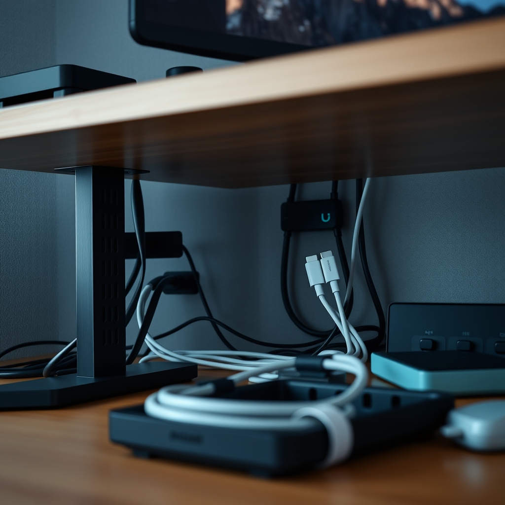 A perfectly organized under-desk setup showing cables neatly routed using Velcro straps, a cable management tray, and sleeves, emphasizing functional efficiency.