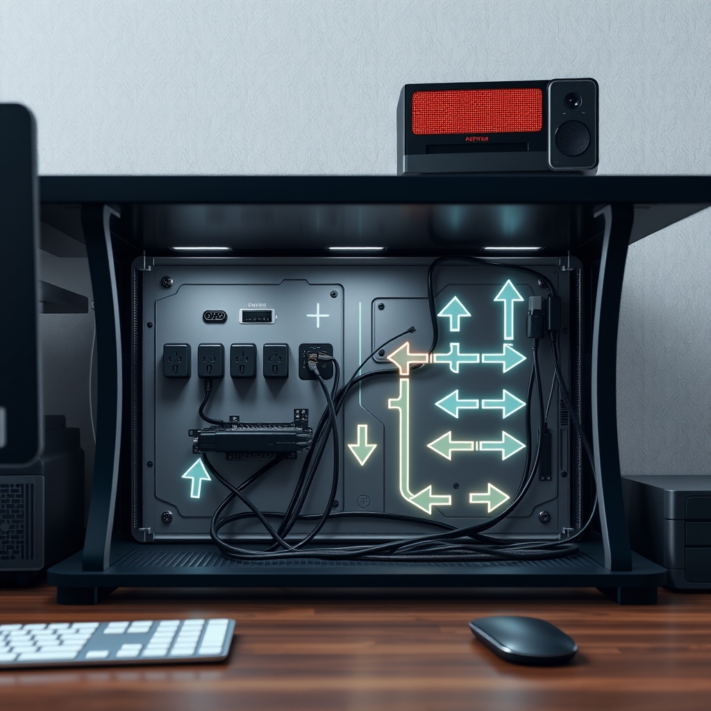 Technical diagram demonstrating proper cable segregation with power cables routed separately from data cables, highlighting airflow pathways.