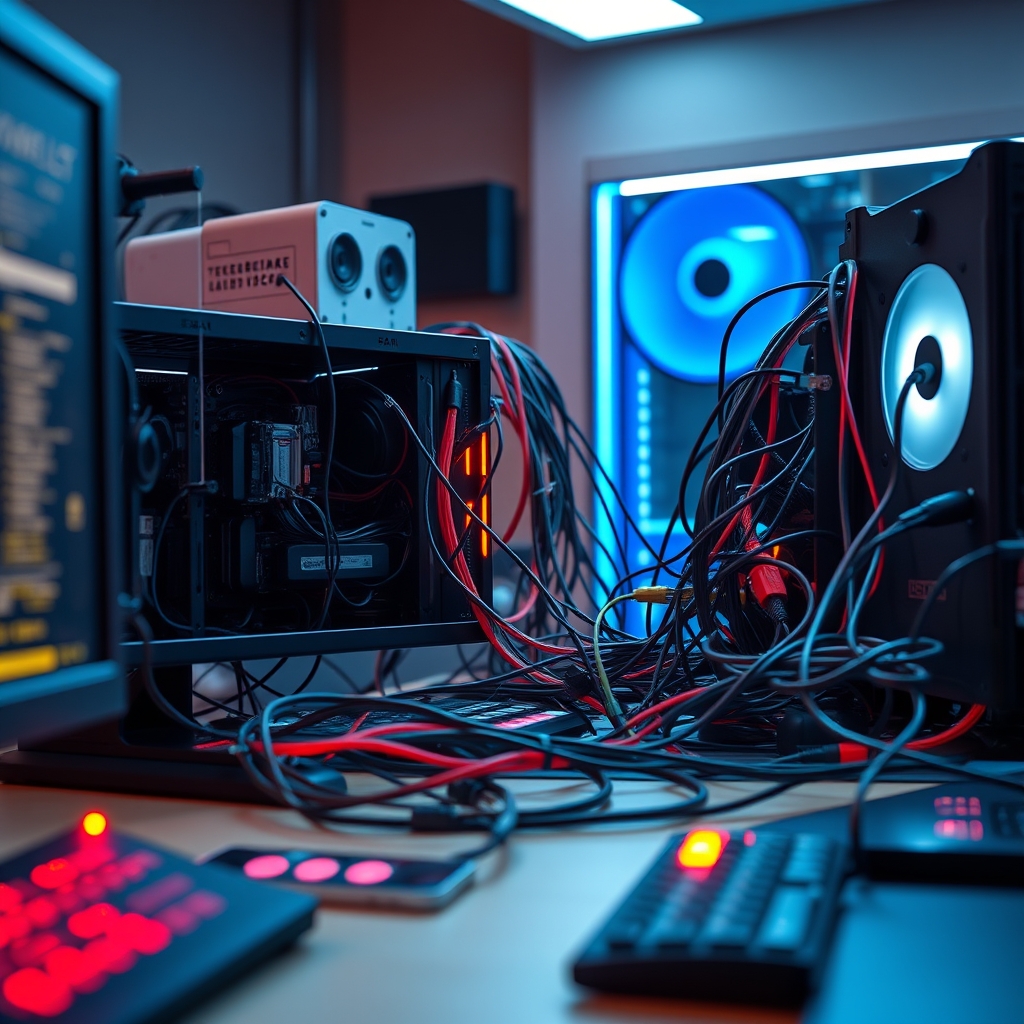 A close-up of a tangled mess of computer cables behind a desk, illustrating bad cable management with various power, data, and video lines intertwined.