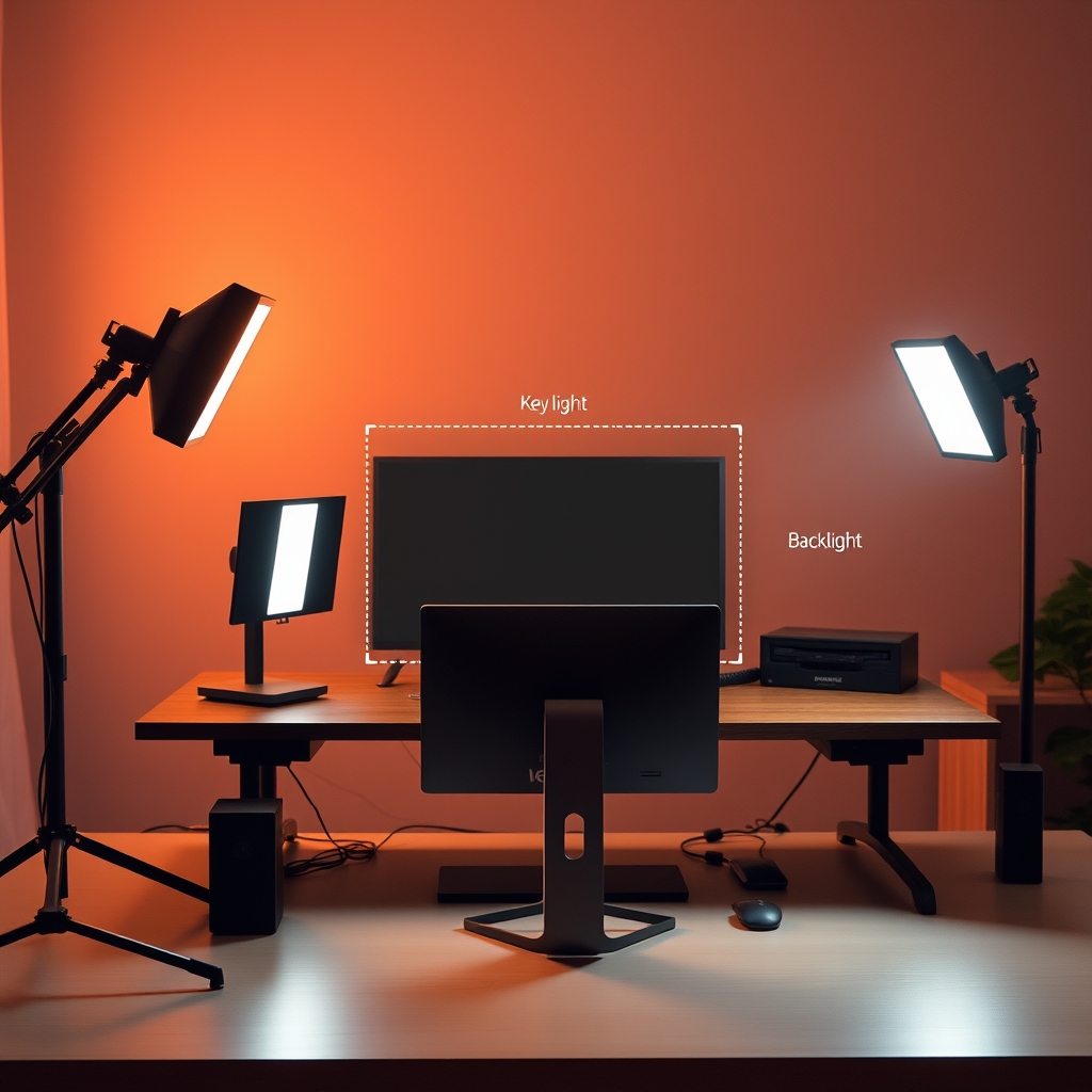 Diagram illustrating optimal key, fill, and backlighting angles for flattering face-lighting in streaming