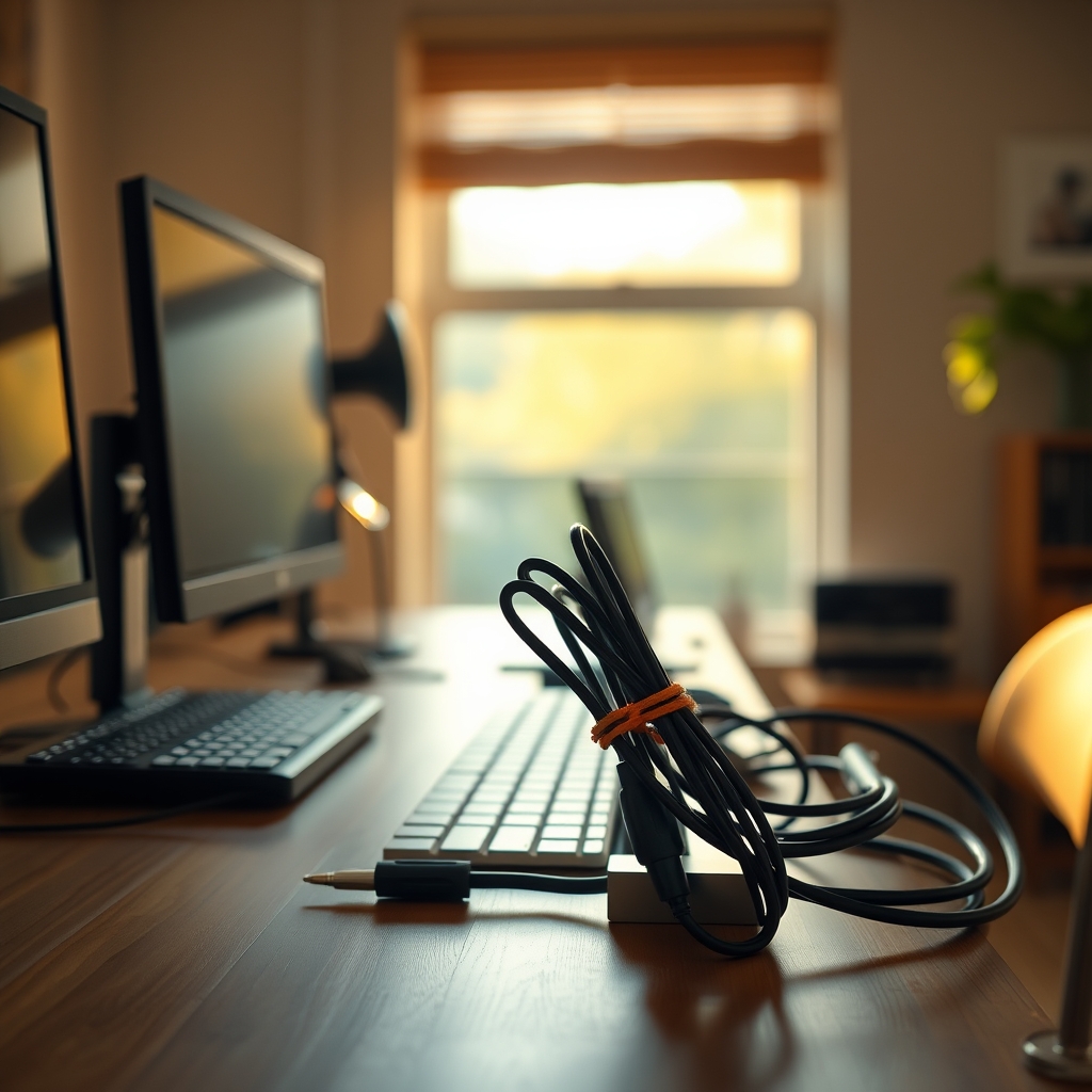 Image demonstrating various cable bundling techniques, including reusable velcro straps, cable sleeves, and under-desk cable trays for a clean setup.