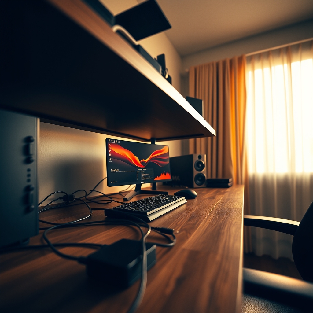 Detailed view of under-desk cable management showing a mounted power strip, cable trays, and strategically routed power and data cables.