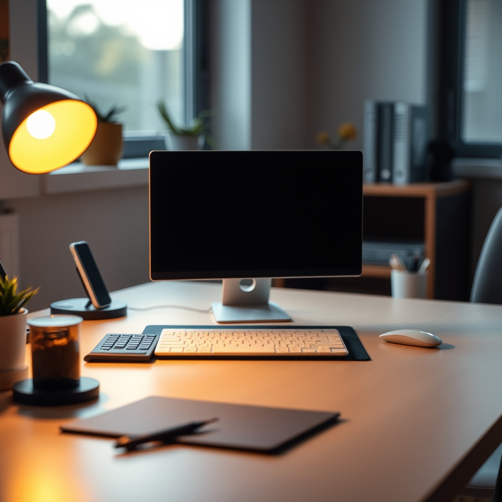 Minimalist desk setup with a high CRI desk lamp showing warm neutral light, highlighting natural wood and metal textures.