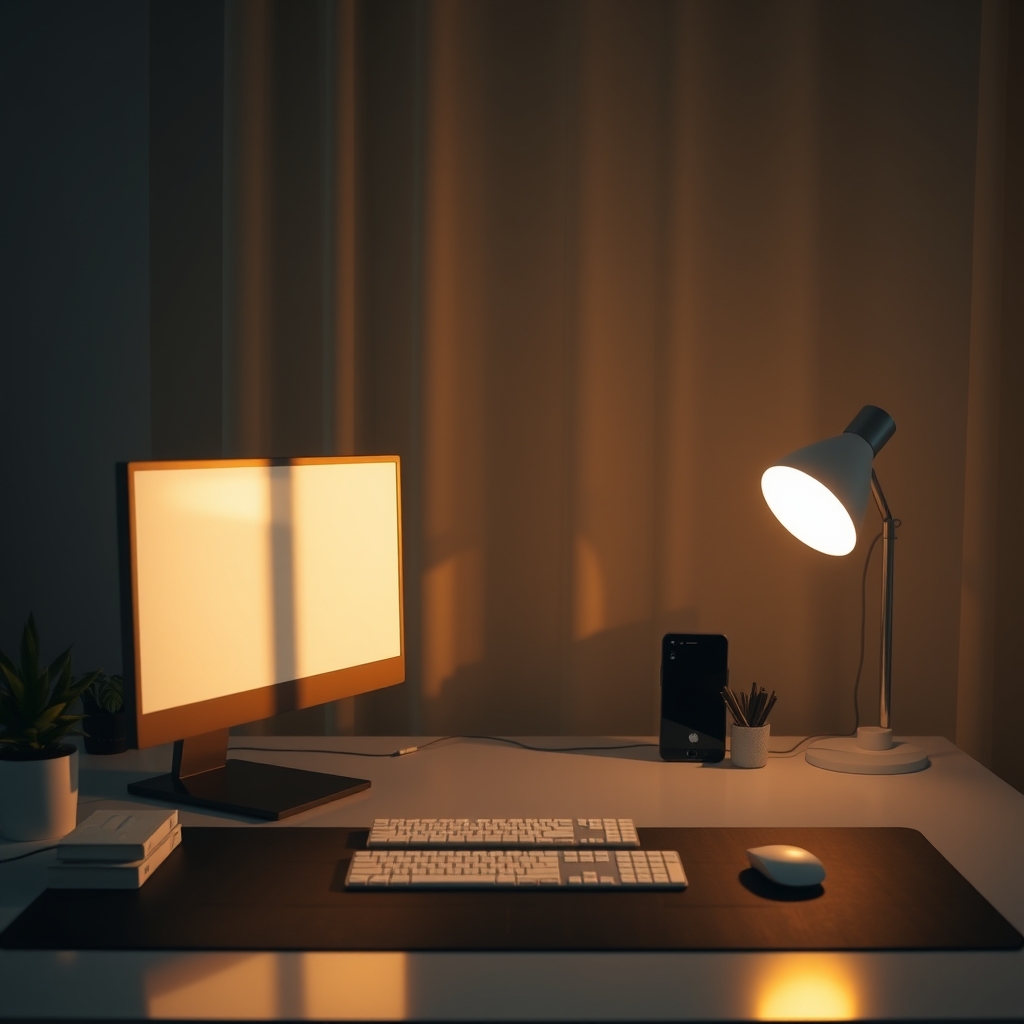 A well-designed desk setup showcasing layered lighting with a primary task lamp, ambient backlighting, and a subtle accent light.
