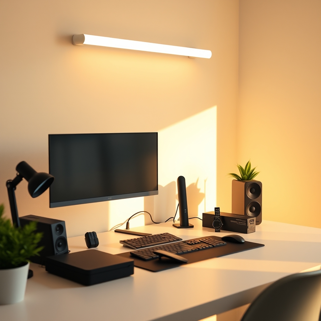 Modern desk setup featuring a monitor-mounted light bar and diffused ambient lighting, eliminating screen glare and harsh shadows.