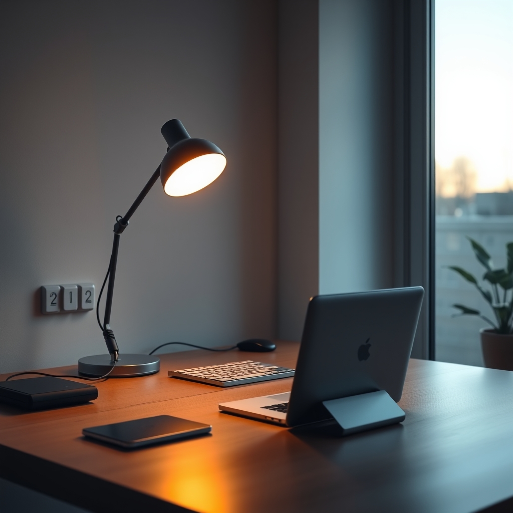 A smart home integrated desk lighting setup, featuring smart plugs and subtle, automated evening lighting.