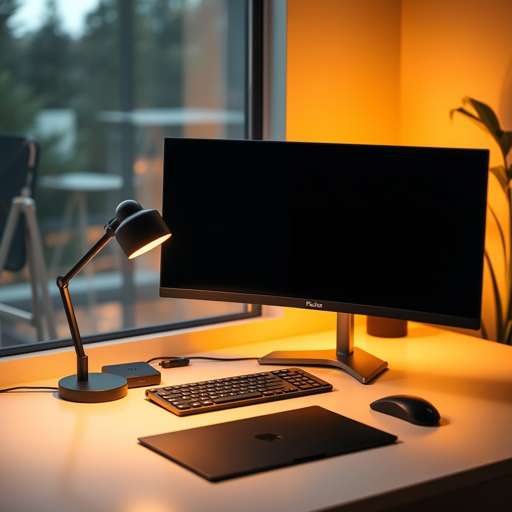 A minimalist desk setup showing ideal placement of a desk lamp to the left, illuminating the keyboard and mouse without causing monitor glare.