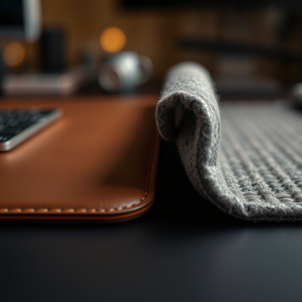 Comparing textures of high-quality PU leather and felt desk mats, showcasing ideal materials for wrist support.