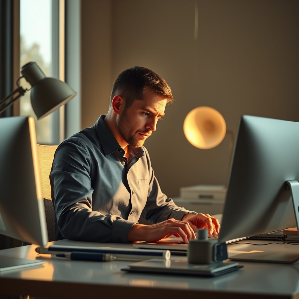 A professional worker engrossed in deep work at an ergonomic desk, illuminated by strategically placed bias lighting, showcasing intense focus.