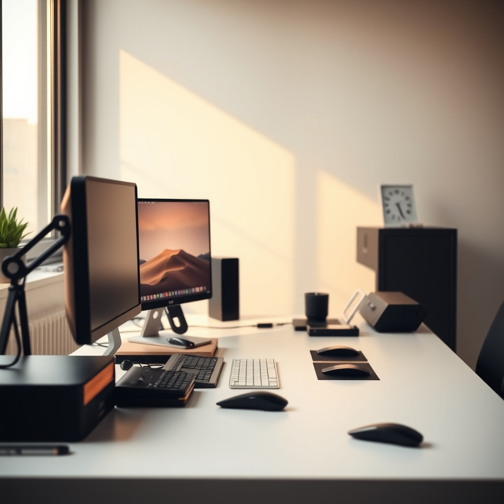 A pristine, minimalist desk setup featuring a high-resolution monitor, a mechanical keyboard, a quality analog notebook, and a premium pen, embodying a distraction-free deep work environment.
