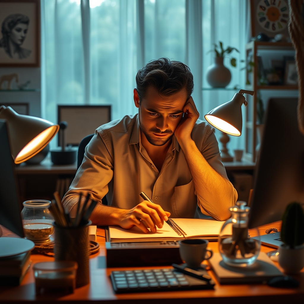 Stressed creator struggling with creative block at a beautiful but impractical aesthetic desk.
