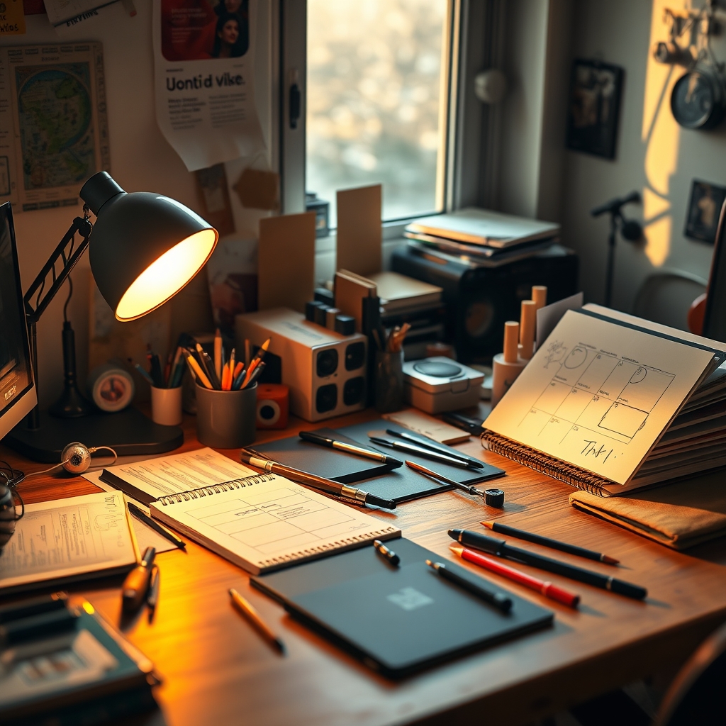 Dynamic, functional creative workspace with tools and notes showing active creative process.