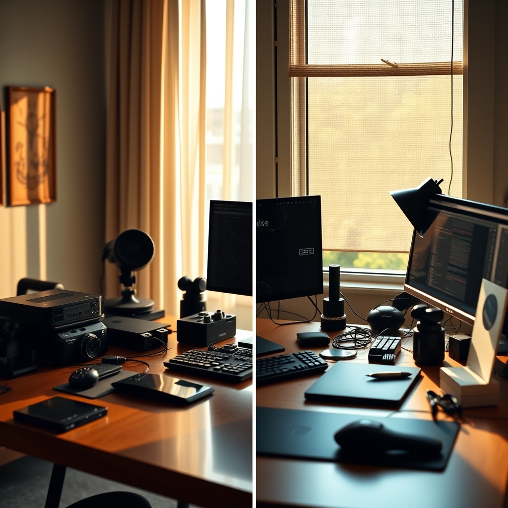 Side-by-side: pristine 'dream setup' vs. dynamic, productive workstation illustrating the contrast in functionality.