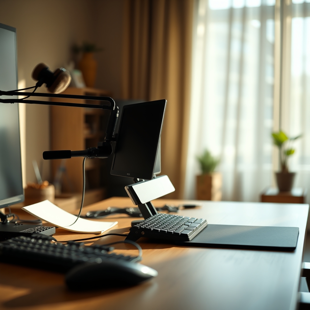 A professional streamer's desk setup showcasing a curated physical background with natural depth of field and warm, intentional lighting.