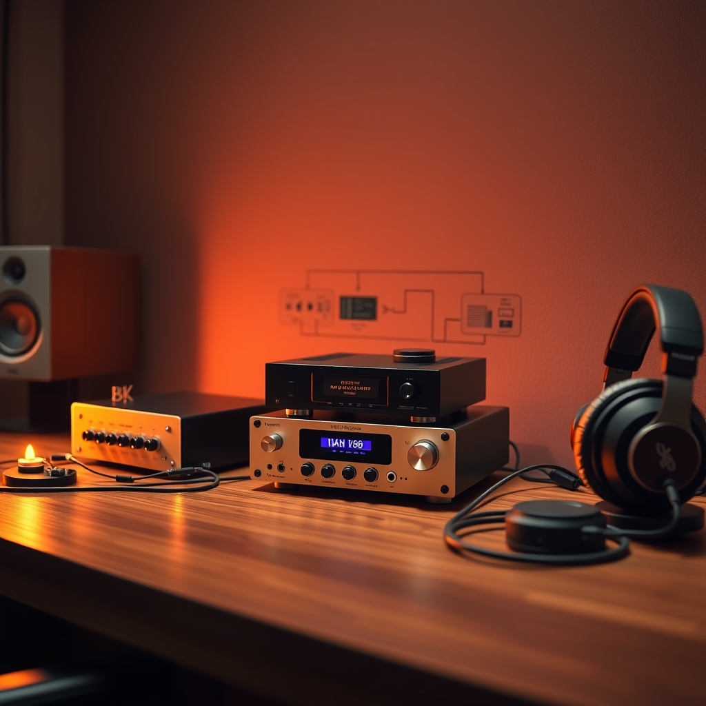 A visual representation of a high-fidelity audio signal chain, showing a digital source connecting to a DAC, then an amplifier, and finally to audiophile-grade headphones or speakers.