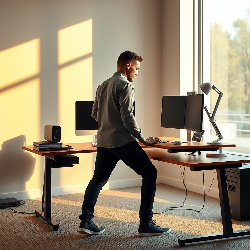 User demonstrating poor standing posture at a desk due to ignored pain