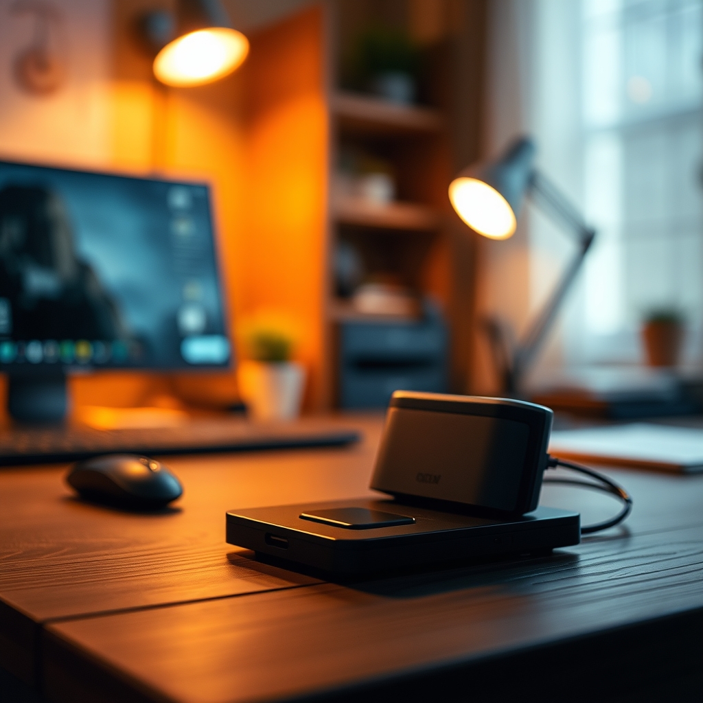 Smart lighting casting an off-color hue on a wooden desk, showing poor color rendering index (CRI) for a high-tech setup.