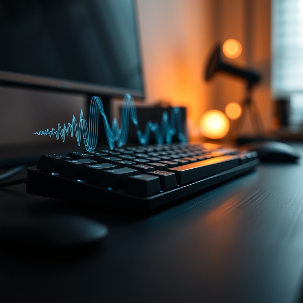 Abstract visualization of keyboard sound waves impacting concentration at a minimalist desk