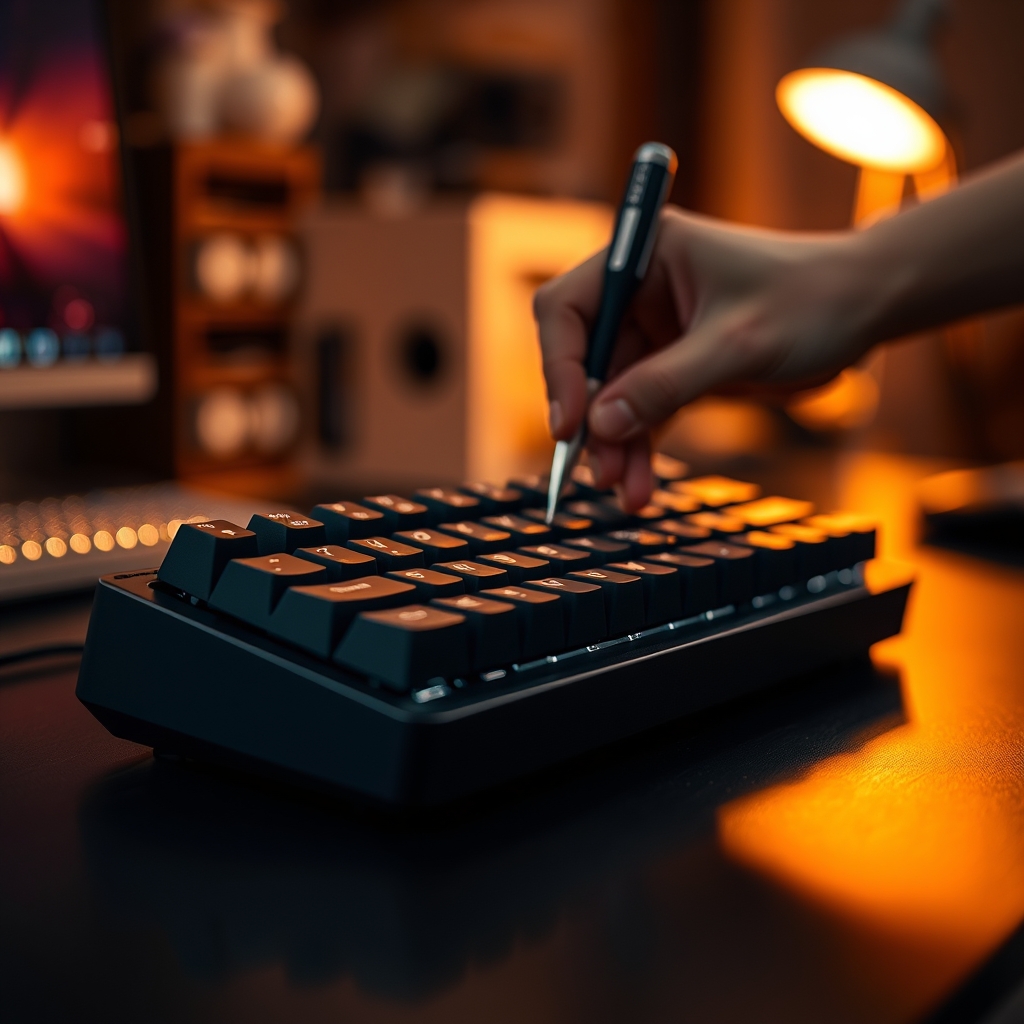 Hands demonstrating acoustic dampening foam being added to a mechanical keyboard for sound optimization