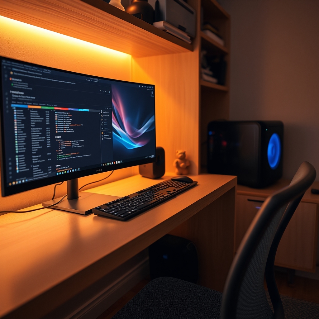 A clean, engineered under-desk setup showing meticulous cable management, an elevated power strip, and a discreet CPU mount, optimizing space in a small apartment.