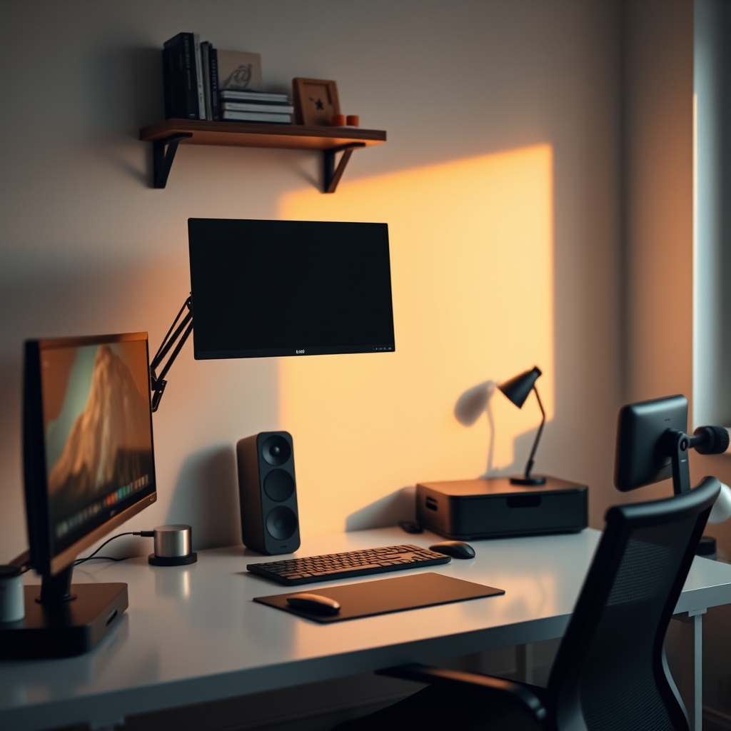 An expertly designed desk setup in a small apartment showcasing efficient use of vertical space with a monitor arm, wall-mounted shelves, and minimal tech peripherals.