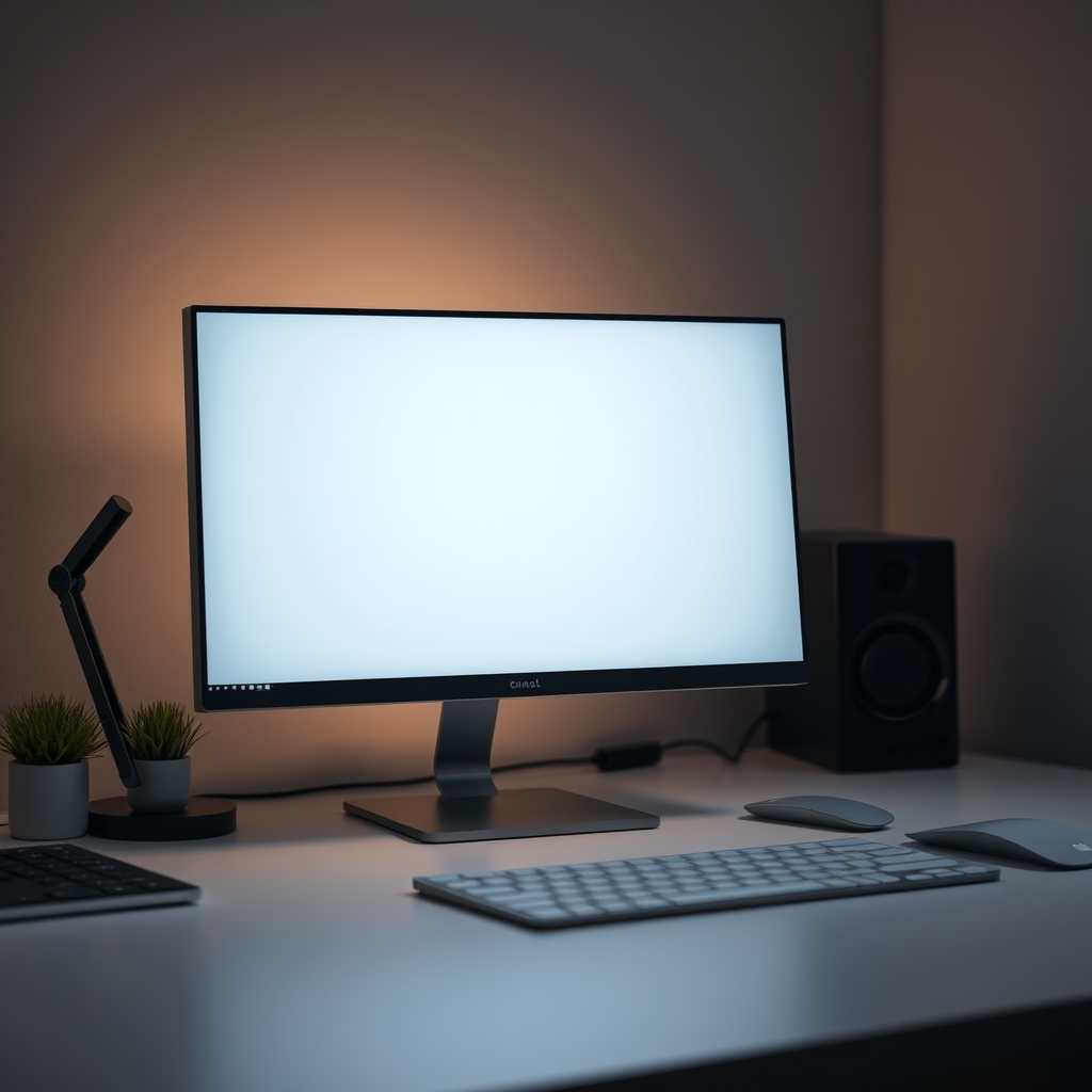 A sleek, minimalist desk setup featuring a smart display that subtly shows notification icons, highlighting the hidden digital distractions in an otherwise clean workspace.