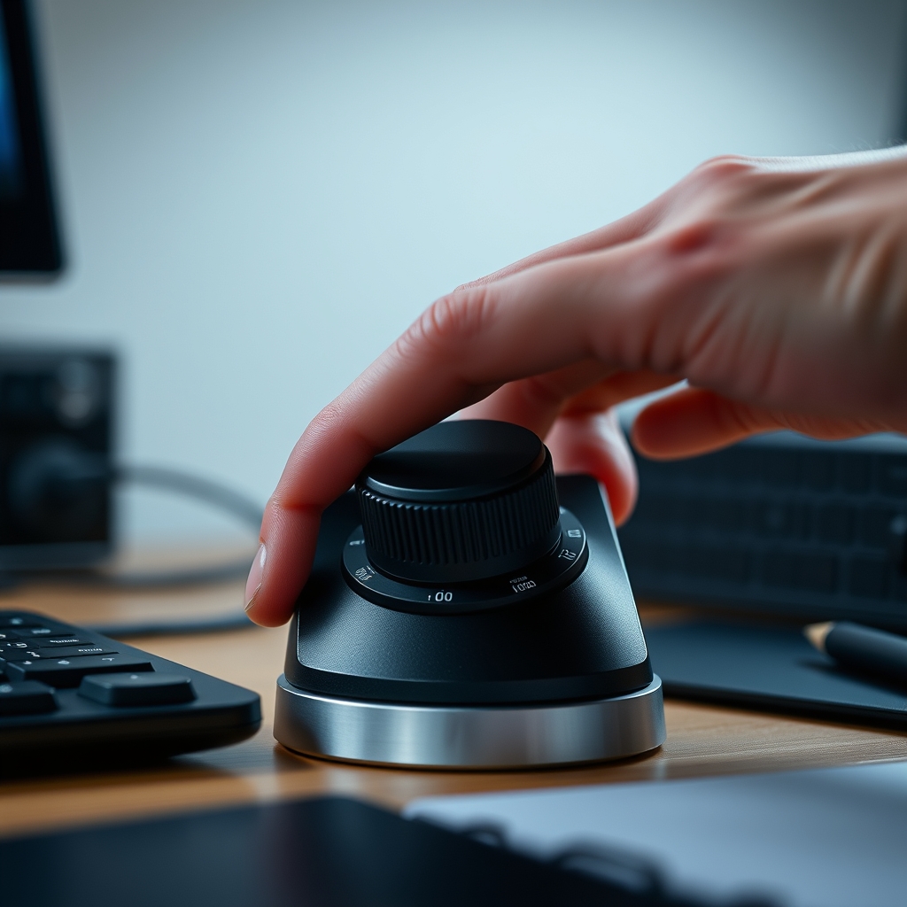 A hand adjusts a physical desk timer, emphasizing the tactile, analog interaction that helps maintain focus and reduce digital distraction in a productive workspace.