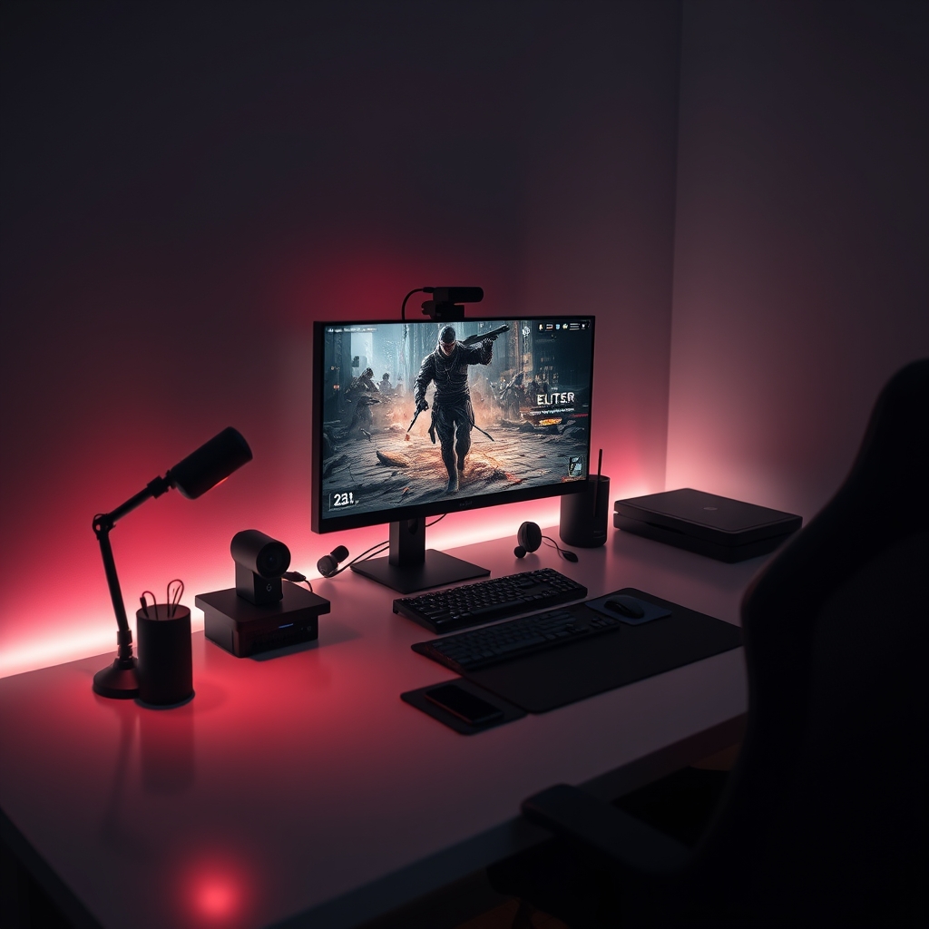 An elite gaming and productivity desk setup featuring a high-performance monitor, showcasing the advantage of optimized visual settings.