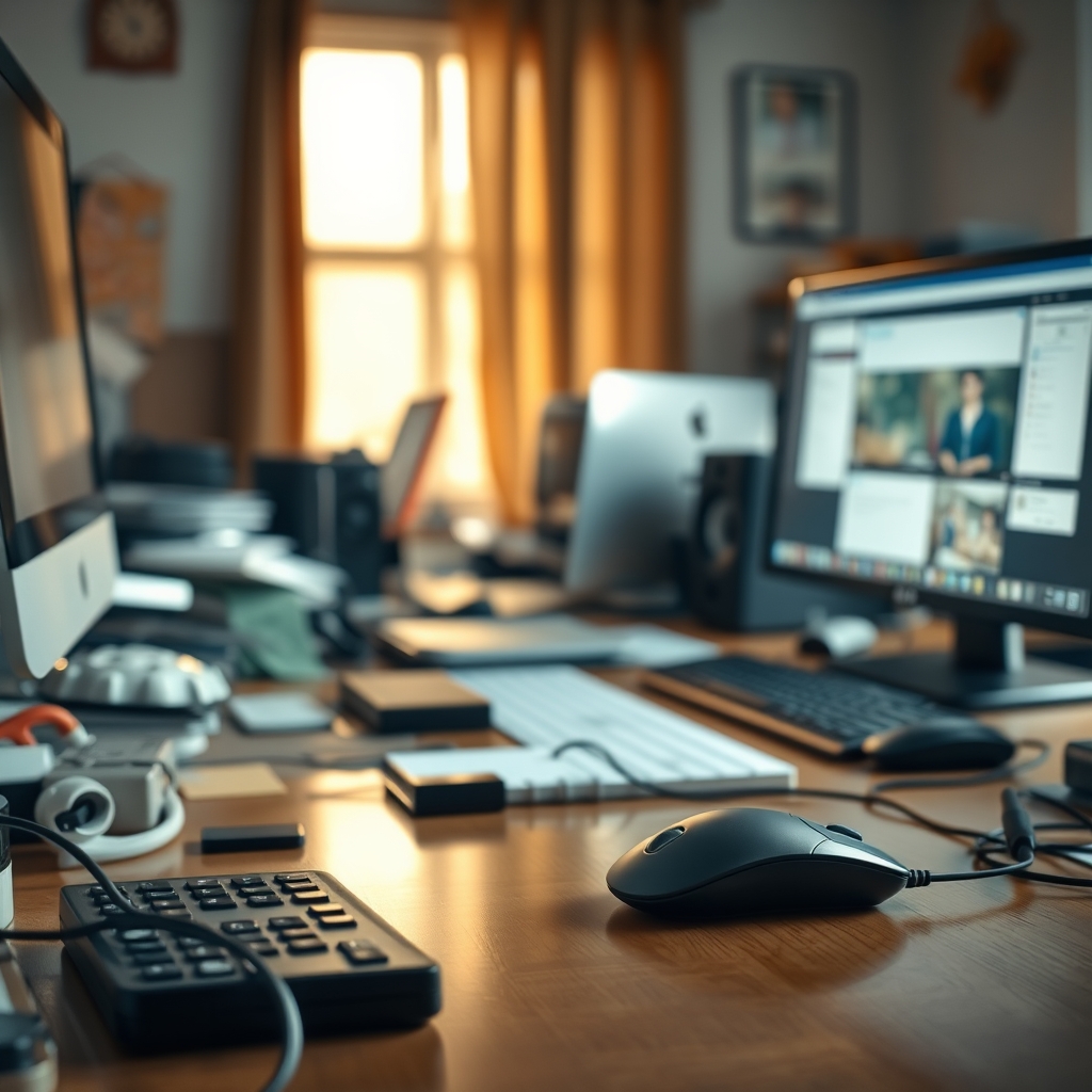 A cluttered desk with a mouse struggling on an inconsistent, reflective surface, highlighting common mistakes that cause accuracy issues.