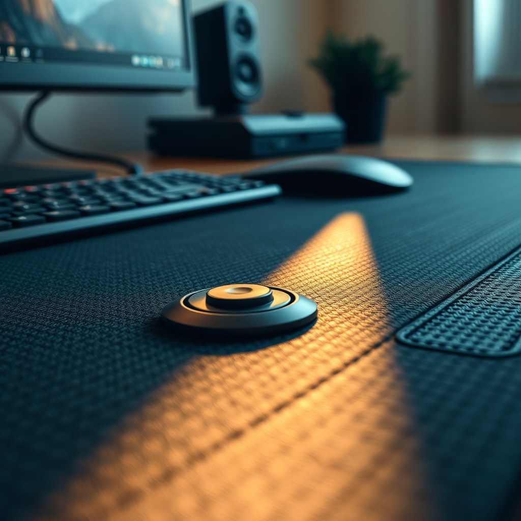 Close-up view of a micro-woven desk mat texture interacting with an optical mouse sensor, illustrating the fine detail for tracking.