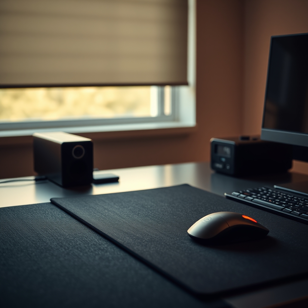 A minimalist desk setup featuring a dark, textured desk mat and a high-performance wireless mouse, emphasizing smooth tracking.