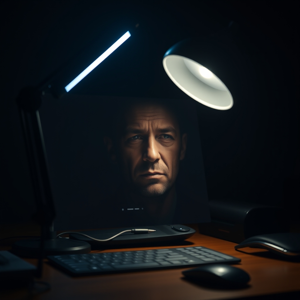 Person on video call with harsh, cool desk light creating sharp shadows, looking unapproachable.