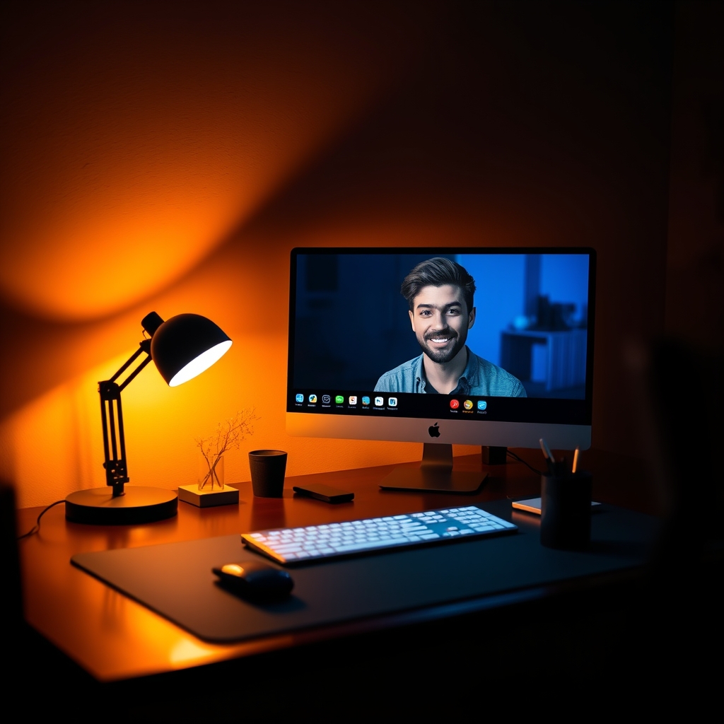 Person on video call with soft, warm, diffused desk lighting, looking friendly and approachable.