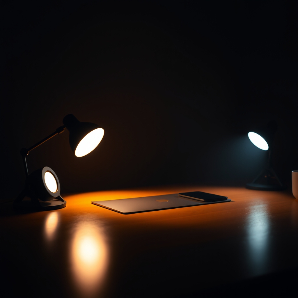 Example of a subtle multi-point lighting setup for a home office desk.