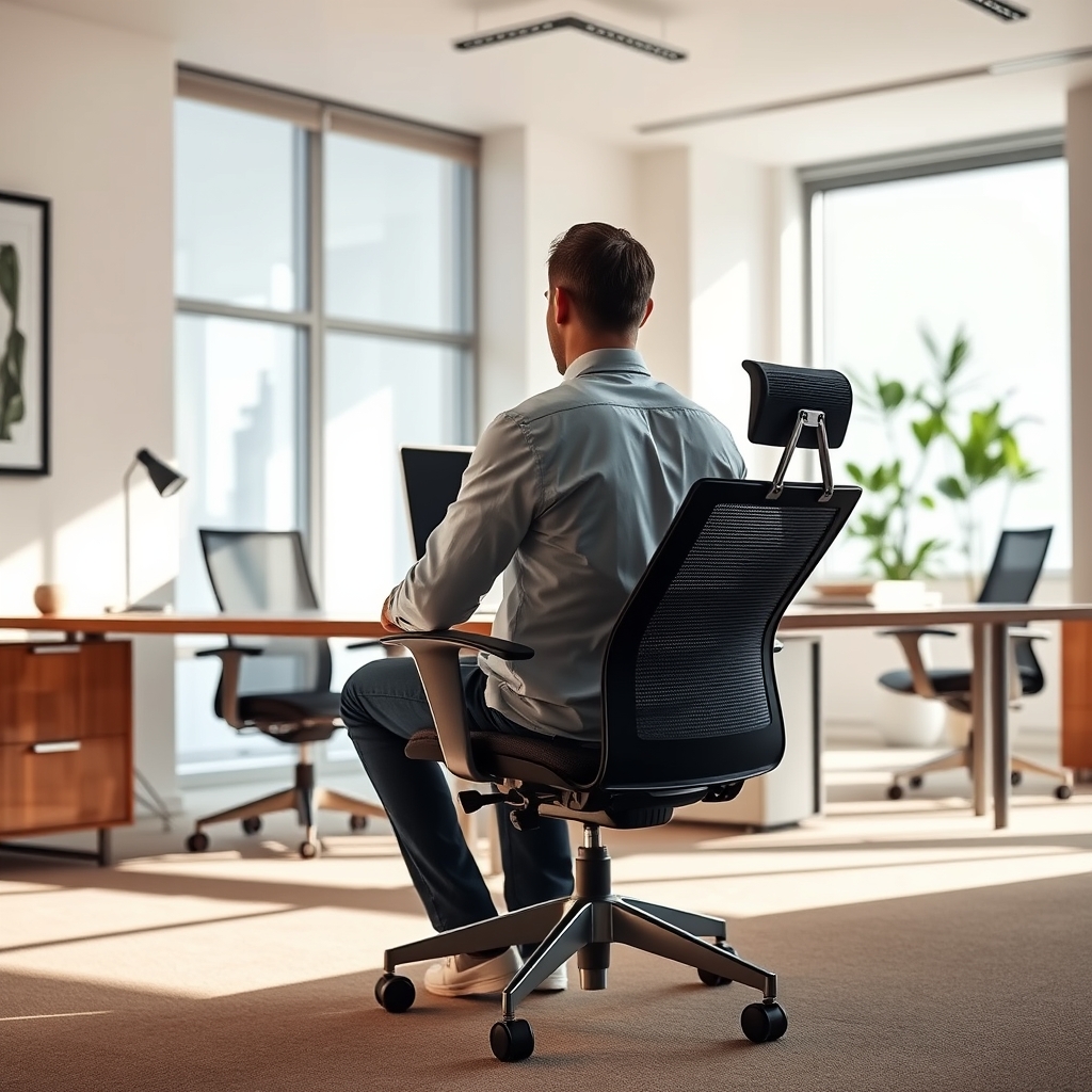 Person removing wallet from back pocket while sitting in an office chair, demonstrating a common posture mistake correction.