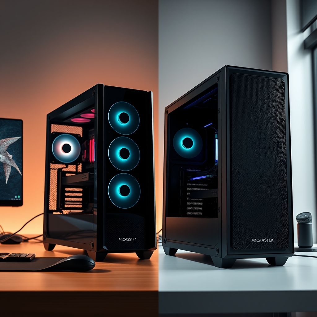 Comparison of a minimalist PC case with restricted airflow versus a high-airflow case, emphasizing design for editing performance.