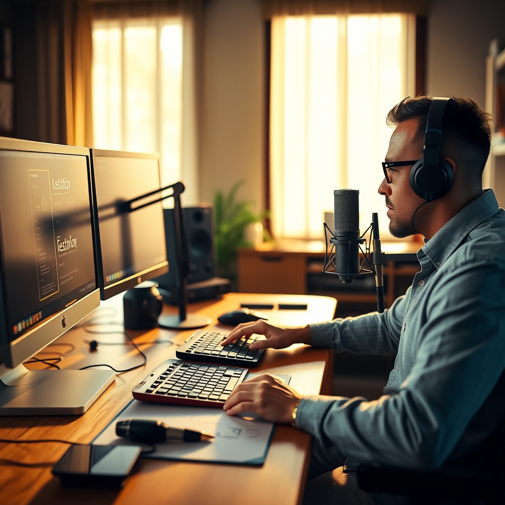 Person recording podcast in untreated room, highlighting poor acoustic environment for audio quality.