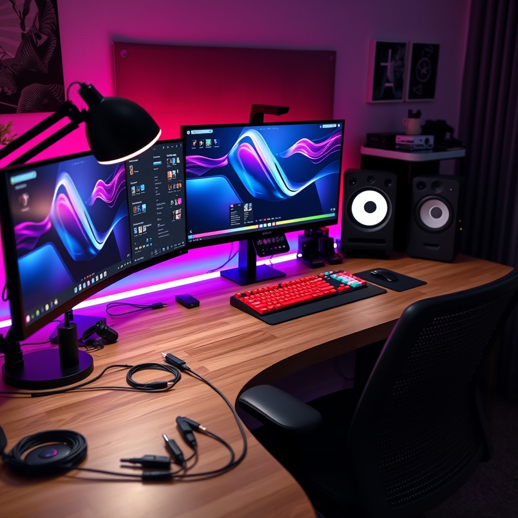 Organized audio and power cables in a podcast setup