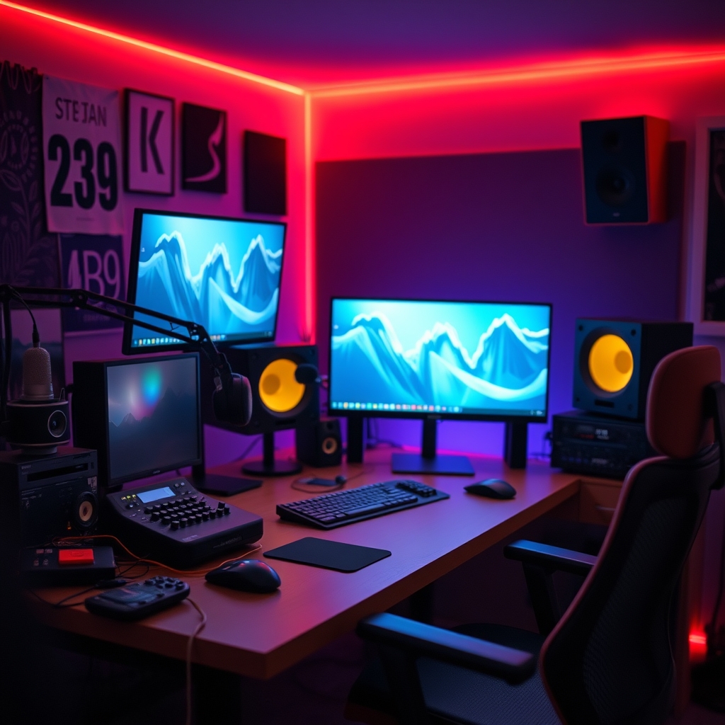 Cluttered podcast desk setup showing various accessories