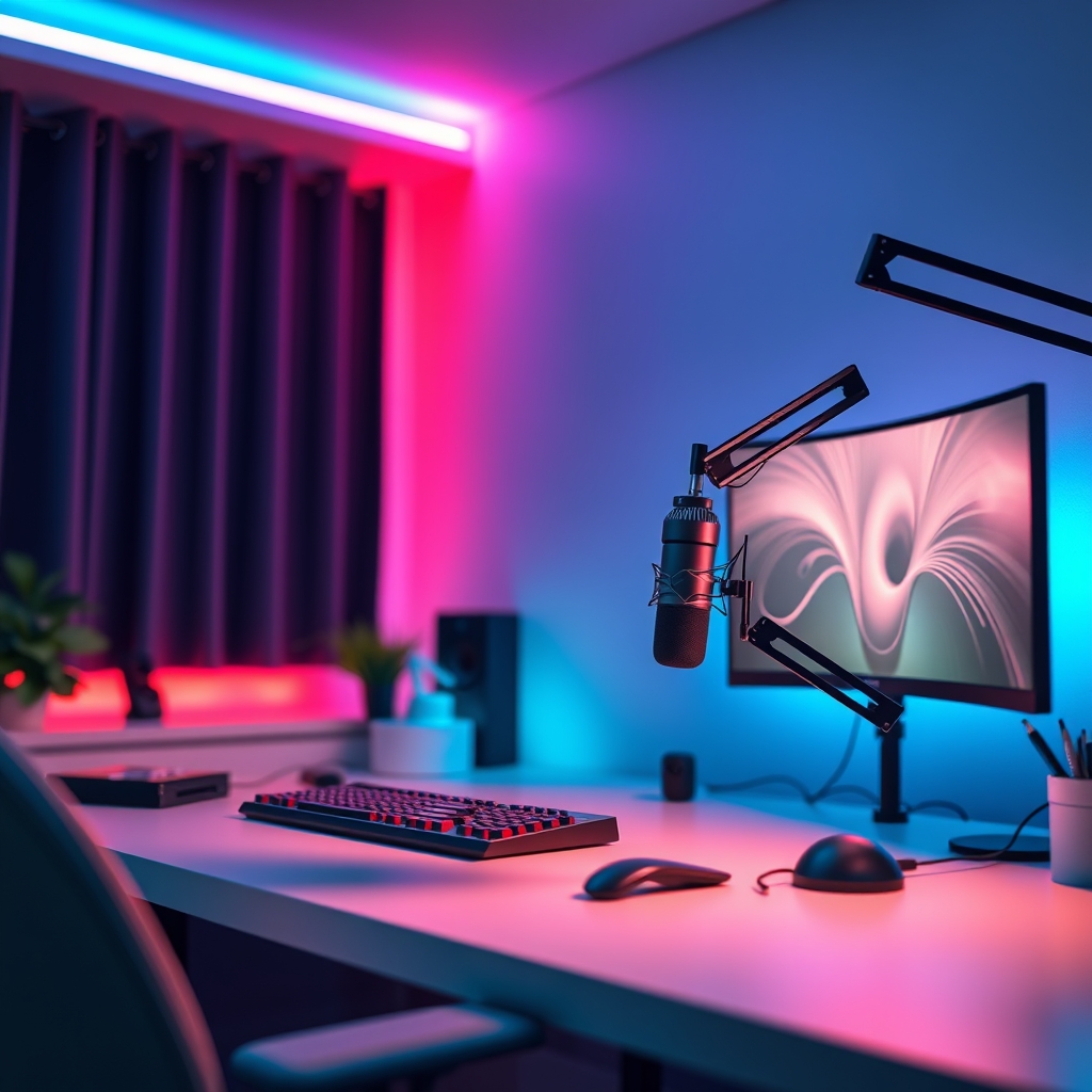 Professional podcast studio setup with minimal, strategically placed accessories