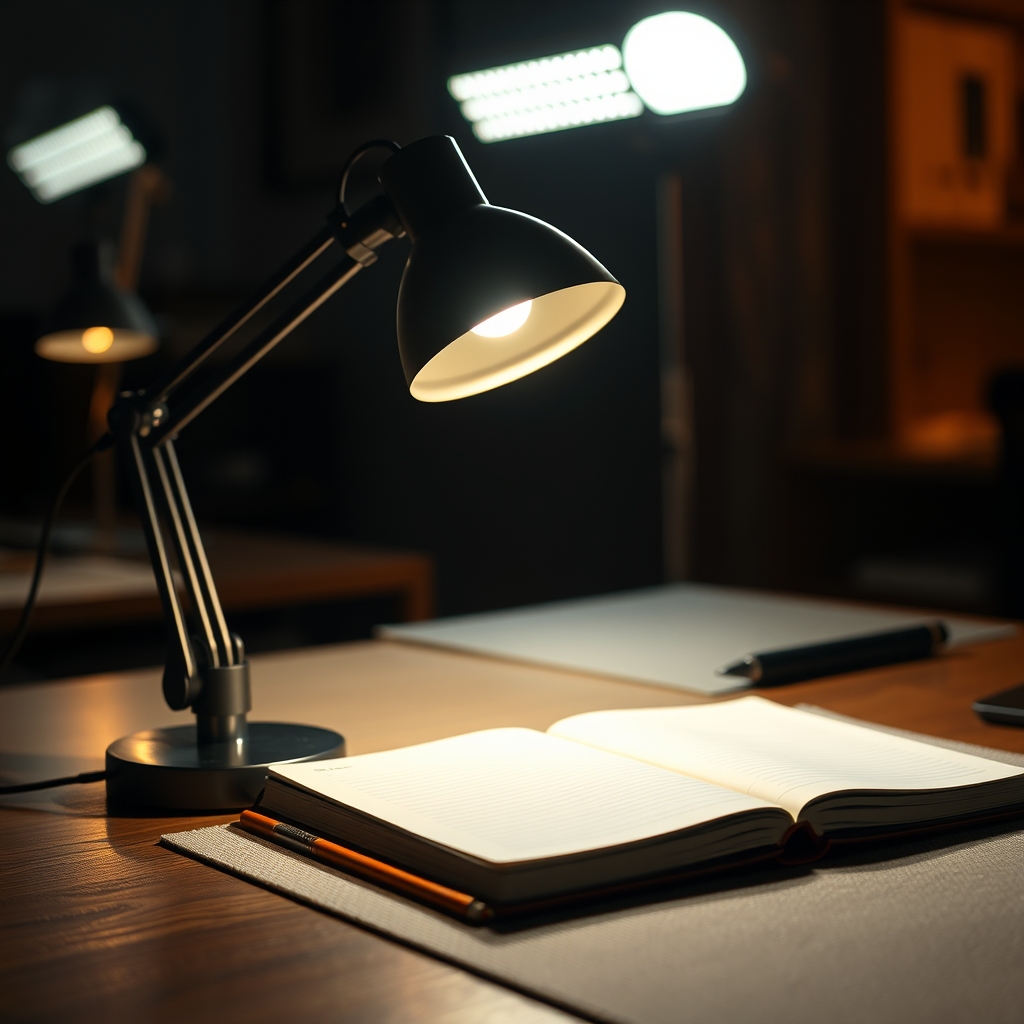 Close-up of an adjustable swing-arm desk lamp providing focused, warm light on a notebook, highlighting its precision for task lighting.