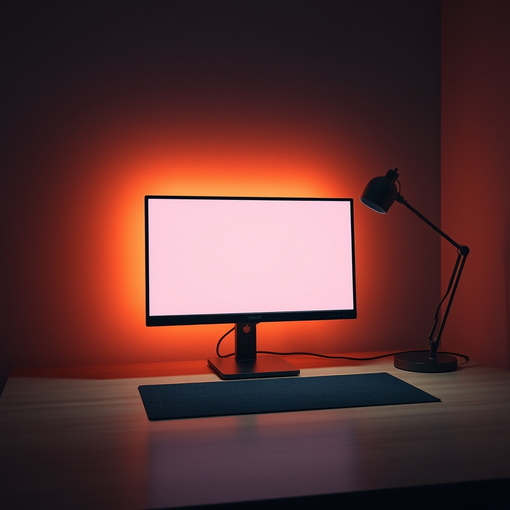 A modern desk setup with warm, ambient bias lighting behind the monitor, creating a soft glow against the wall. A stylish task lamp provides subtle, focused light on the wooden desk.