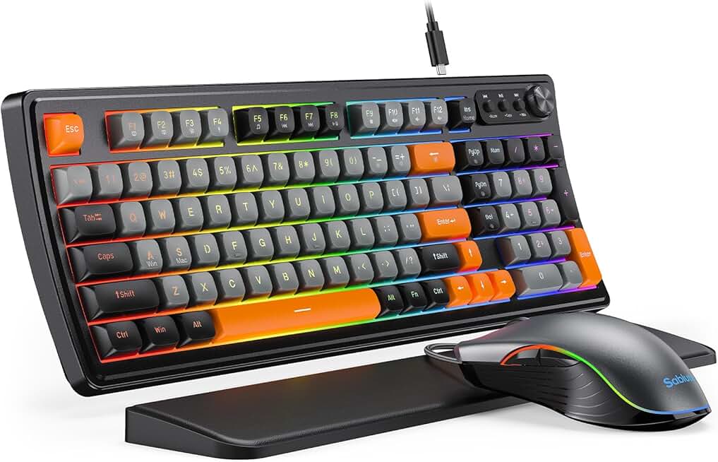 SABLUTE Gaming Keyboard and Mouse, Quiet Membrane Keyboard with RGB Backlit, PC Gaming Keyboard with Multimedia Knob, An