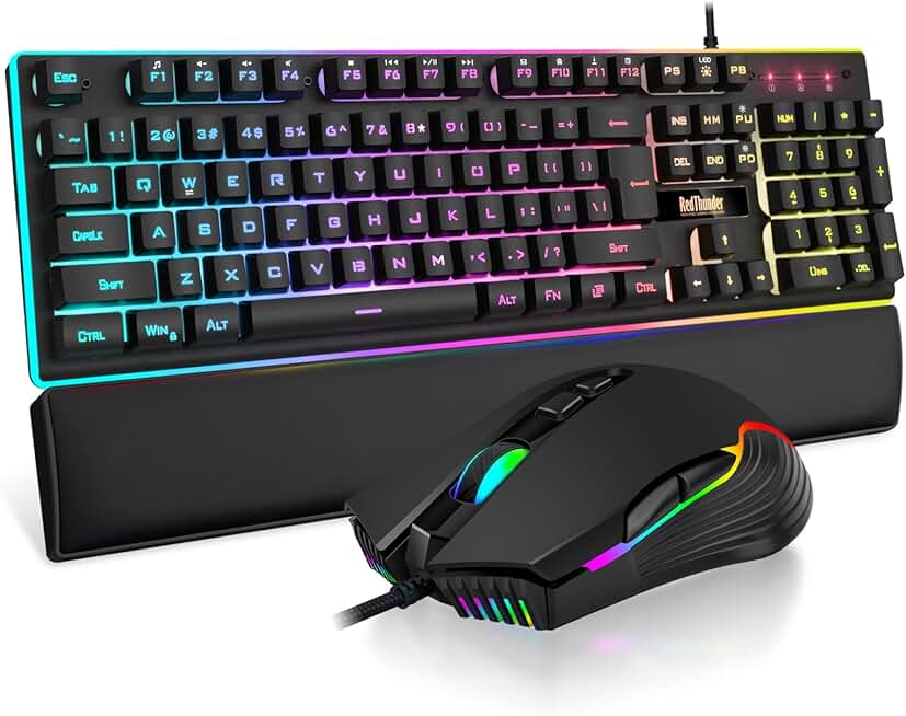 RedThunder K10 Wired Gaming Keyboard and Mouse and Wrist Rest Combo, RGB Backlit, Mechanical Feel Anti-ghosting Keyboard