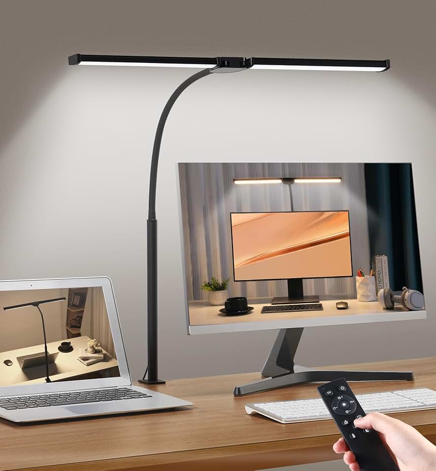 Led Desk Lamp for Home Office, Eye-Care Architect Light with Clamp, Smart Double Head Computer Monitor Table Clip Lamp, 