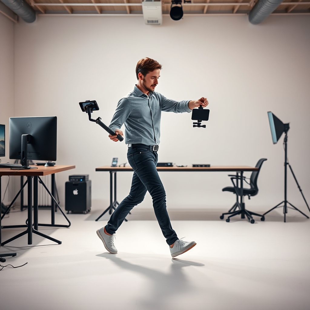 Filmmaker practicing smooth footwork with a gimbal for improved shot fluidity