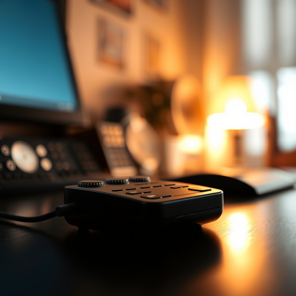 A warmly lit home office with soft, diffused lighting, enhancing comfort and focus.
